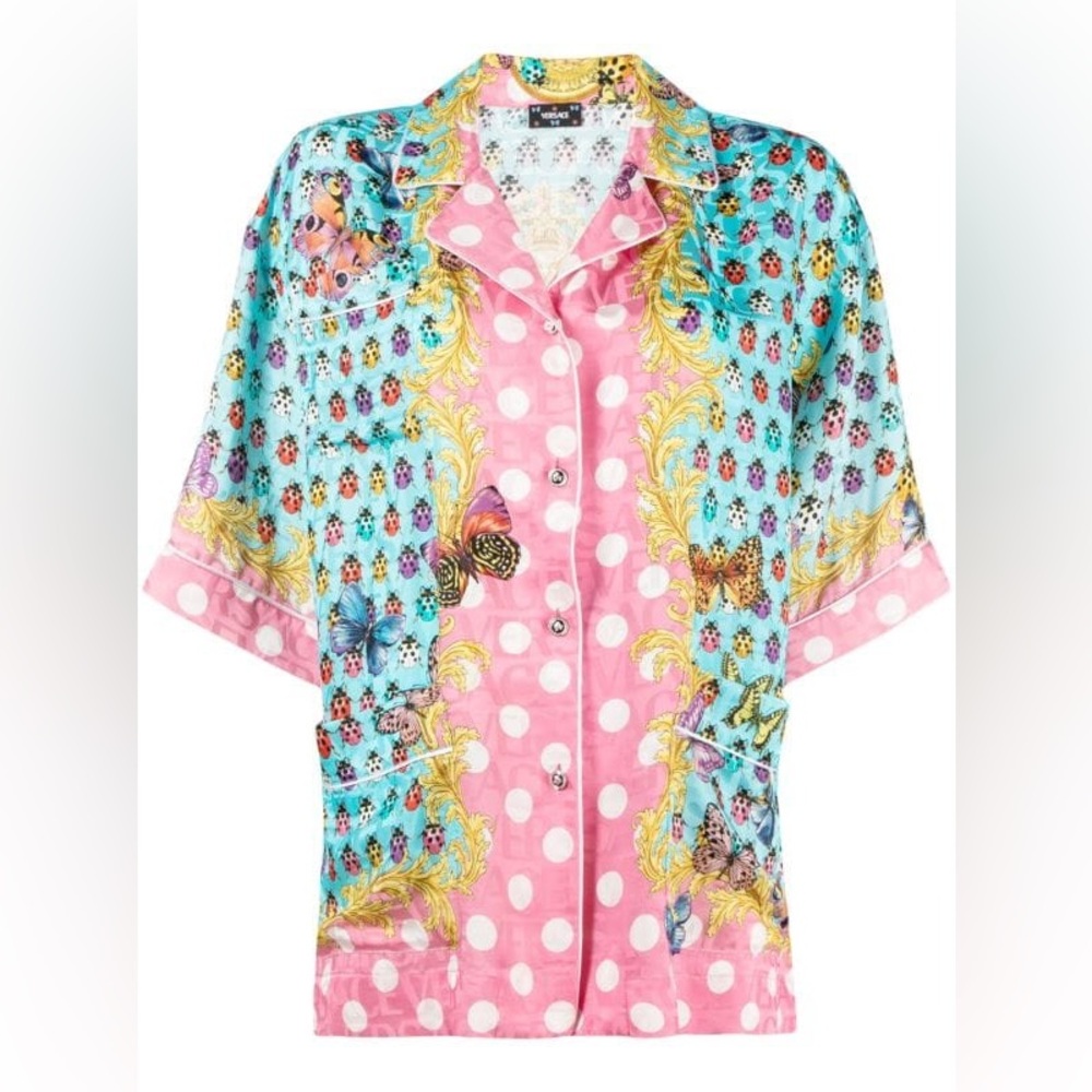VERSACE BUTTERFLIES & LADYBUGS ALL OVER PRINT SILK BLEND WOMEN'S SHIRT